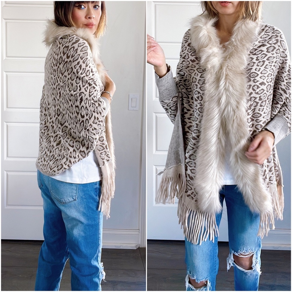 037 Cozy vegan fur leopard print tassel poncho cardigan - Picture 4 of 7